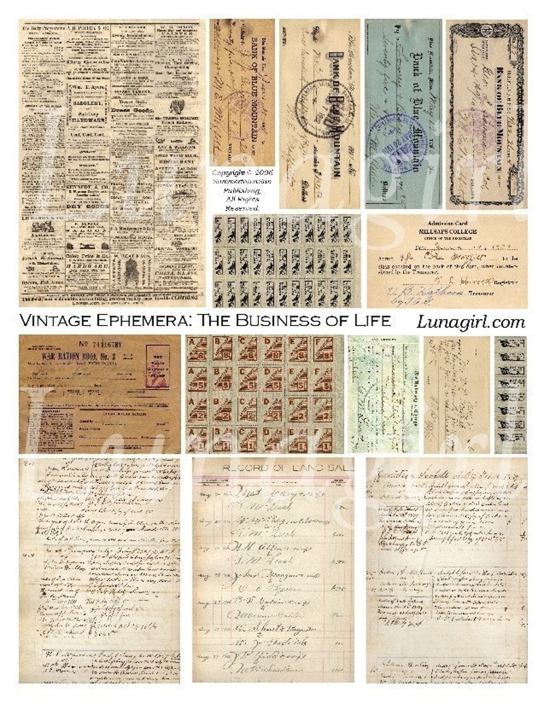 EPHEMERA BUSINESS Digital Collage Sheet, Vintage Text Ledgers Stamps ...