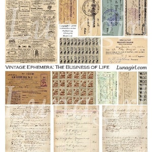May include: A collage of vintage ephemera, including receipts, tickets, and stamps, with handwritten text and aged paper textures. The text "VINTAGE EPHEMERA: THE BUSINESS OF LIFE" is visible. The overall color palette is sepia and cream.