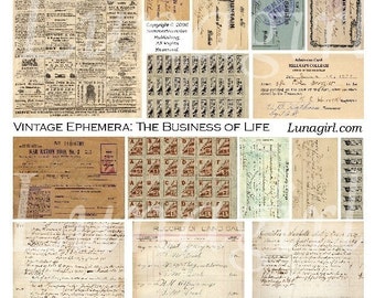 EPHEMERA BUSINESS digital collage sheet, vintage text ledgers stamps receipts ads, antique handwriting paper, altered art images DOWNLOAD