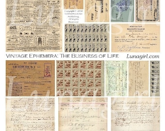 EPHEMERA BUSINESS Digital Collage Sheet, Vintage Text Ledgers Stamps ...