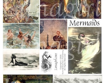 MERMAIDS digital collage sheet, Vintage images, Waterhouse paintings, fairy tale art, water goddess fantasy women, cards Ephemera DOWNLOAD