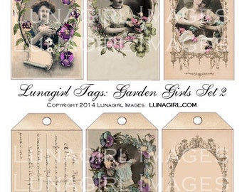 FLOWER GIRLS TAGS digital collage sheet Victorian Garden frames, shabby printables French postcards Victorian women ladies ephemera Download