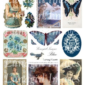 BLUE ephemera, digital collage sheet, VINTAGE images Victorian pictures shabby cottage chic romantic ladies butterflies altered art DOWNLOAD