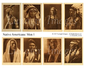 NATIVE AMERICANS digital collage sheet, MEN males chief, sepia photos, vintage images, American Indians West, ephemera printables, Download