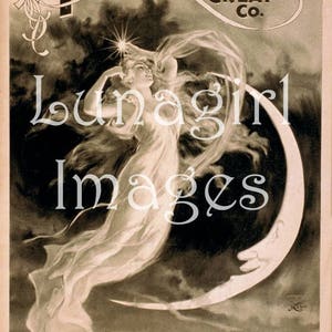 Pu&ograve; includere: Poster vintage in seppia per l'illusione di Herrmann, raffigurante una donna in abito svolazzante con una luna a mezzaluna. Il poster presenta il testo "HERRMANN THE GREAT CO." e "MAID OF THE MOON".