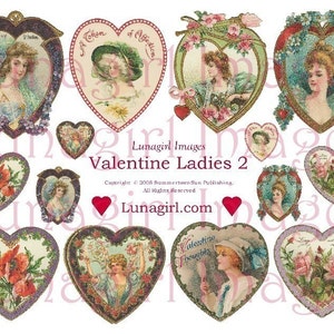 VINTAGE VALENTINES digital collage sheet, Victorian Ladies women girls, Victorian valentines Hearts, ephemera art, printable images DOWNLOAD