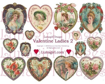 VINTAGE VALENTINES digital collage sheet, Victorian Ladies women girls, Victorian valentines Hearts, ephemera art, printable images DOWNLOAD