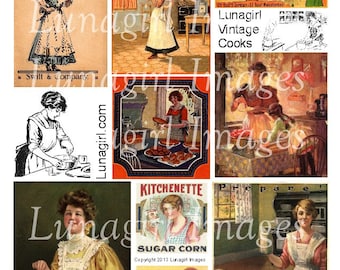 VINTAGE COOKING digital collage sheet Victorian women cooks housewives antique cookbooks art old-fashioned Kitchens images Ephemera DOWNLOAD