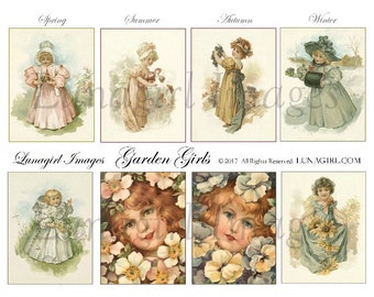 VINTAGE GIRLS digital collage sheet, Victorian children, flowers garden seasons, antique postcards, ephemera cards, shabby chic art DOWNLOAD