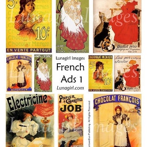 FRENCH ADS digital collage sheet, Vintage Bilder Paris Werbeposter, viktorianische Mädchen, Katzen Schokolade, Jugendstil, Ephemera DOWNLOAD,