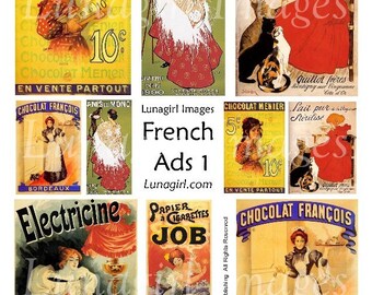 FRANSE ADS digitale collage blad, Vintage beelden Parijs reclame posters, Victoriaanse meisjes, katten chocolade, Art Nouveau, ephemera DOWNLOAD,