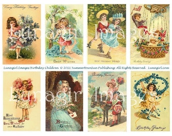 VINTAGE BIRTHDAY digital collage sheet, Victorian birthday cards, children playing, girls boys flowers, antique postcards, Ephemera DOWNLOAD