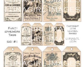 FANCY EPHEMERA TAGS digital collage sheet Vintage printables, shabby chic Victorian art tags, antique tags frames, pharmacy labels, Download