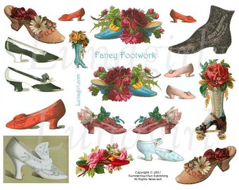 VICTORIAN SHOES & Flowers Digital Collage Sheet, vintage ladies footwear antique boots heels roller skate, shoes w/ roses, ephemera DOWNLOAD