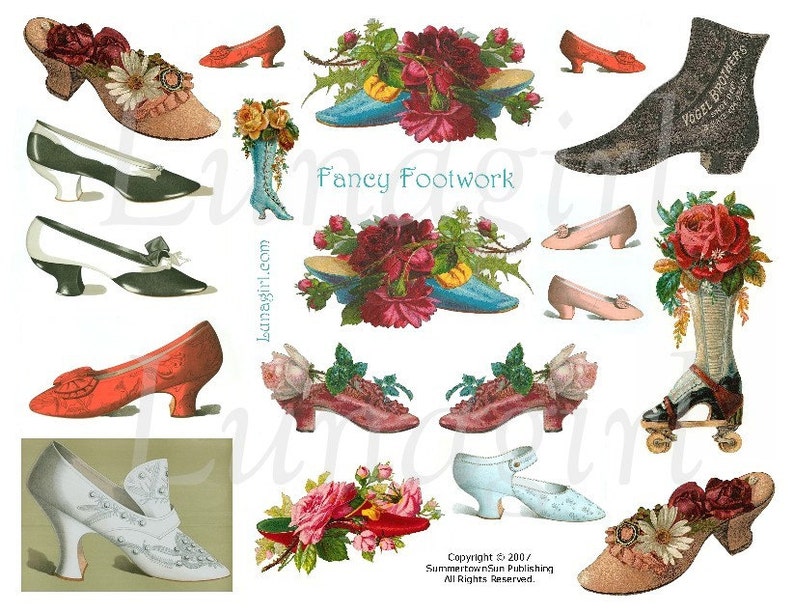 May include: A collage of vintage women's shoes in various styles and colors, including red, black, white, and tan. Some shoes are adorned with floral arrangements. The text "Fancy Footwork" is visible.