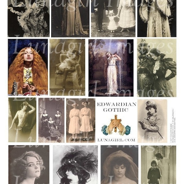 EDWARDIAN GOTHIC digital collage sheet, vintage photos Victorian art steampunk women girls Dark Romantic images odd spooky Ephemera DOWNLOAD