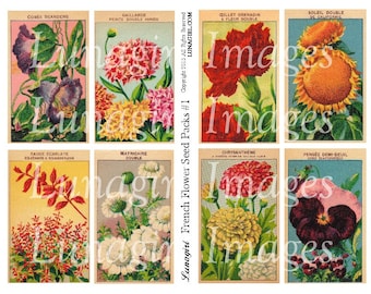 FRENCH FLOWERS seed packs digital collage sheet, Vintage Images floral art, shabby cottage garden Victorian altered paper, ephemera DOWNLOAD