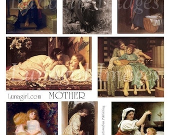MOTHER digital collage sheet, Victorian ART, vintage Mother's Day cards, Renaissance women children girls babies paintings ephemera DOWNLOAD