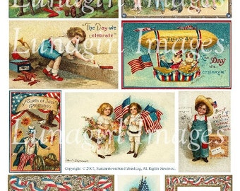 VICTORIAN JULY 4th digital collage sheet, Vintage Fourth Patriotic images cards Independence Day fireworks flags children, ephemera DOWNLOAD