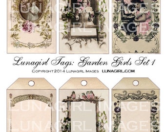 VINTAGE TAGS Garden Girls, digital collage sheet, Victorian flowers birds, shabby printables sepia cards labels Art Frames ephemera DOWNLOAD