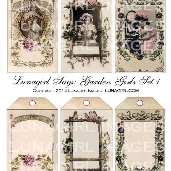 VINTAGE TAGS Garden Girls, digitale collage vel, Victoriaanse bloemen vogels, shabby printables sepia kaarten labels Art Frames ephemera DOWNLOAD