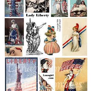 LADY LIBERTY digital collage sheet, Vintage July Fourth images Victorian Patriotic cards, American Flags Independence Day, ephemera DOWNLOAD