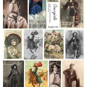 Folha de colagem digital de VAQUEIRAS, fotos vintage de mulheres ocidentais, cavaleiros de rodeio CAVALOS, imagens de arte alteradas de Americana para impressão efêmera DOWNLOAD