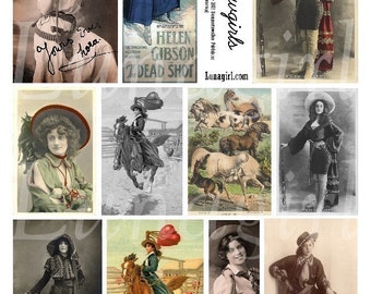 HOJA de collage digital COWGIRLS, fotos vintage mujeres occidentales, jinetes de rodeo HORSES, Americana imágenes de arte alterado imprimibles efemera DESCARGAR DESCARGAR
