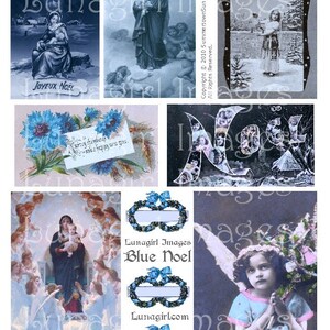 BLUE NOEL cyfrowy kolaż arkusz Wiktoriańskie Boże Narodzenie zabytkowe zdjęcia Francuskie pocztówki Maryja Madonna Anioły Dziewczyny Kwiaty tagi efemerydy POBIERZ