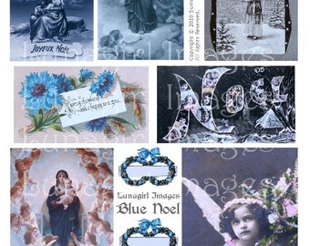 BLUE NOEL digital collage sheet, Victorian Christmas, vintage photos French postcards Mary madonna nativity angel girls holly tags, DOWNLOAD