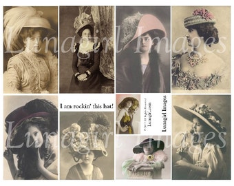 WIKTORIAŃSKIE KAPELUSZE DAMSKIE, arkusz kolażu cyfrowego, kobiety w stylu vintage, dziewczyny w stylu vintage, pocztówki ze zdjęciami w stylu vintage, edwardiańskie zmienione artystyczne efemerydy Pobierz