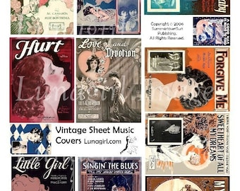 Könnte beinhalten: Eine Sammlung von Vintage-Notenblättern mit romantischen und dramatischen Illustrationen. Die Cover zeigen verschiedene Titel mit Text wie "Dream Kisses", "Hurt" und "Little Girl". Die Kunstwerke umfassen Porträts und Szenen in verschiedenen Farben.