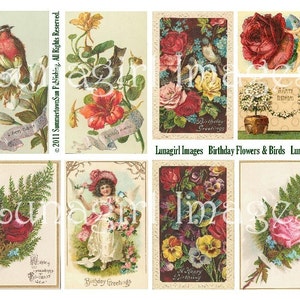 VICTORIAN BIRTHDAY CARDS, digital collage sheet, vintage Roses Flowers Birds Pansies, antique floral postcards altered art ephemera Download