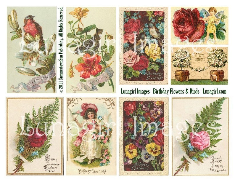 VICTORIAN BIRTHDAY CARDS, digital collage sheet, vintage Roses Flowers Birds Pansies, antique floral postcards altered art ephemera Download image 1