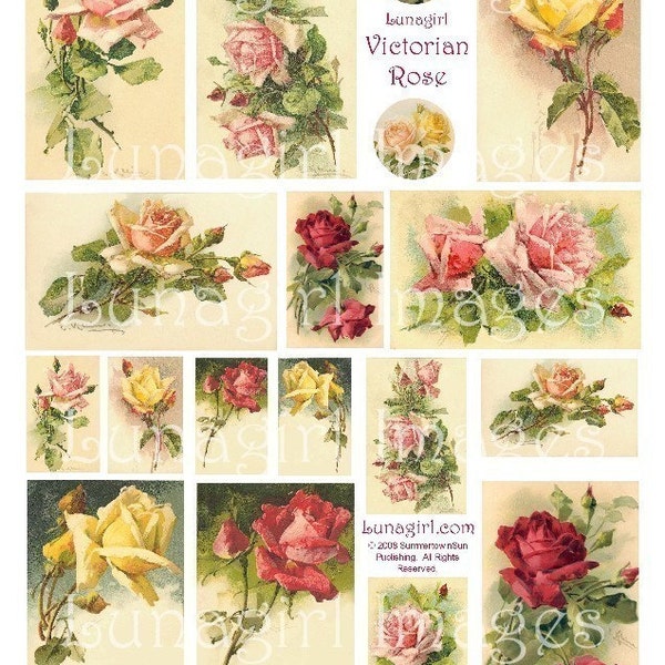 VICTORIAN ROSES digital collage sheet, vintage flowers, floral art cards tags pictures, Catherine Klein roses, antique art ephemera DOWNLOAD