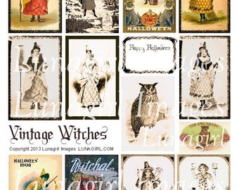 VINTAGE WITCHES digital collage sheet Halloween Victorian women girls sepia spooky owls antique cards pictures ephemera altered art DOWNLOAD