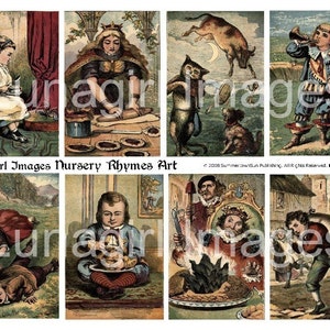Arkusz kolażu cyfrowego z wierszykami dla dzieci, obrazy vintage, ilustracje do książek dla dzieci z czasów wiktoriańskich, Mother Goose children Pobierz