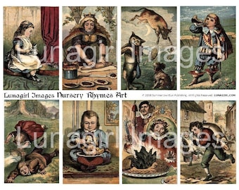 NURSERY RHYMES ART digital collage sheet, vintage images, Victorian fairy tales children's book illustrations Mother Goose children Download