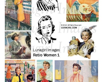 RETRO WOMEN digital collage sheet, 1950s housewives ladies, vintage images, kitsch Mid-Century advertising art, kitchen Fifties mom DOWNLOAD