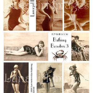 May include: Vintage sepia-toned collage featuring several images of women in early 20th-century swimwear. The images include women in one-piece swimsuits, some with hats and parasols. Text includes "Lunagirl Images" and "Bathing Beauties 3".
