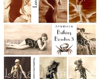 BATHING BEAUTIES digital collage sheet, vintage photos in sepia, Flappers women at seashore beach ocean shabby altered art Ephemera DOWNLOAD