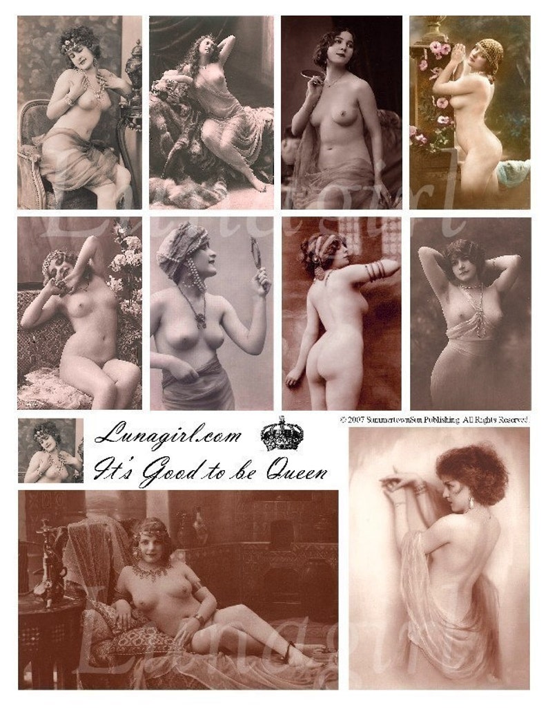 GOOD to be QUEEN digital collage sheet nudes vintage photos, risque French postcards Victorian women girls, Paris art pink ephemera DOWNLOAD image 1