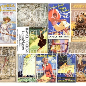 Vintage TRAVEL POSTERS cyfrowy arkusz kolażu retro statki wycieczkowe mapy pociągów, vintage kobiety, pocztówki z wakacji, zmienione efemerydy artystyczne POBIERZ