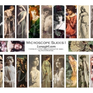 May include: A collage of vintage portraits of women in various styles. The images are arranged in vertical strips, showcasing diverse fashion and poses. The text "MICROSCOPE SLIDES I" and "lunagirl.com" are visible.