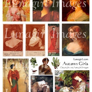 AUTUMN GIRLS digital collage sheet, Vintage images women ladies Victorian altered art Fall seasons orange printables cards Ephemera DOWNLOAD