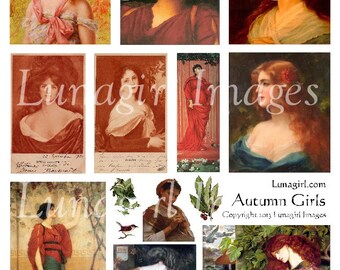 AUTUMN GIRLS digital collage sheet, Vintage images women ladies Victorian altered art Fall seasons orange printables cards Ephemera DOWNLOAD