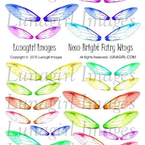 Bright Rainbow FAIRY WINGS digital collage sheet, Dragonfly wings, Neon Rainbow faerie wings altered art, earrings jewelry ephemera DOWNLOAD