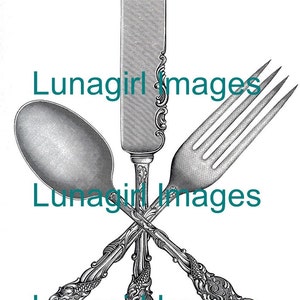 May include: An illustration of antique silverware, including a knife, fork, and spoon, with ornate, detailed handles. The utensils are crossed, creating a decorative arrangement. The image has the text "Lunagirl Images" in teal.