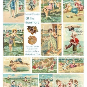 VINTAGE SEASHORE digital collage sheet, Victorian women girls bathing beauties summer beach postcards images seashells art ephemera DOWNLOAD