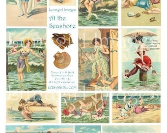 VINTAGE SEASHORE digital collage sheet, Victorian women girls bathing beauties summer beach postcards images seashells art ephemera DOWNLOAD